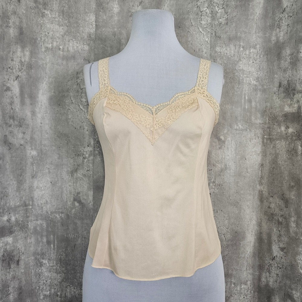 Vintage 70s OLGA Nude Camisole Tank Top L Nylon Lace Trim Style 925 USA Made